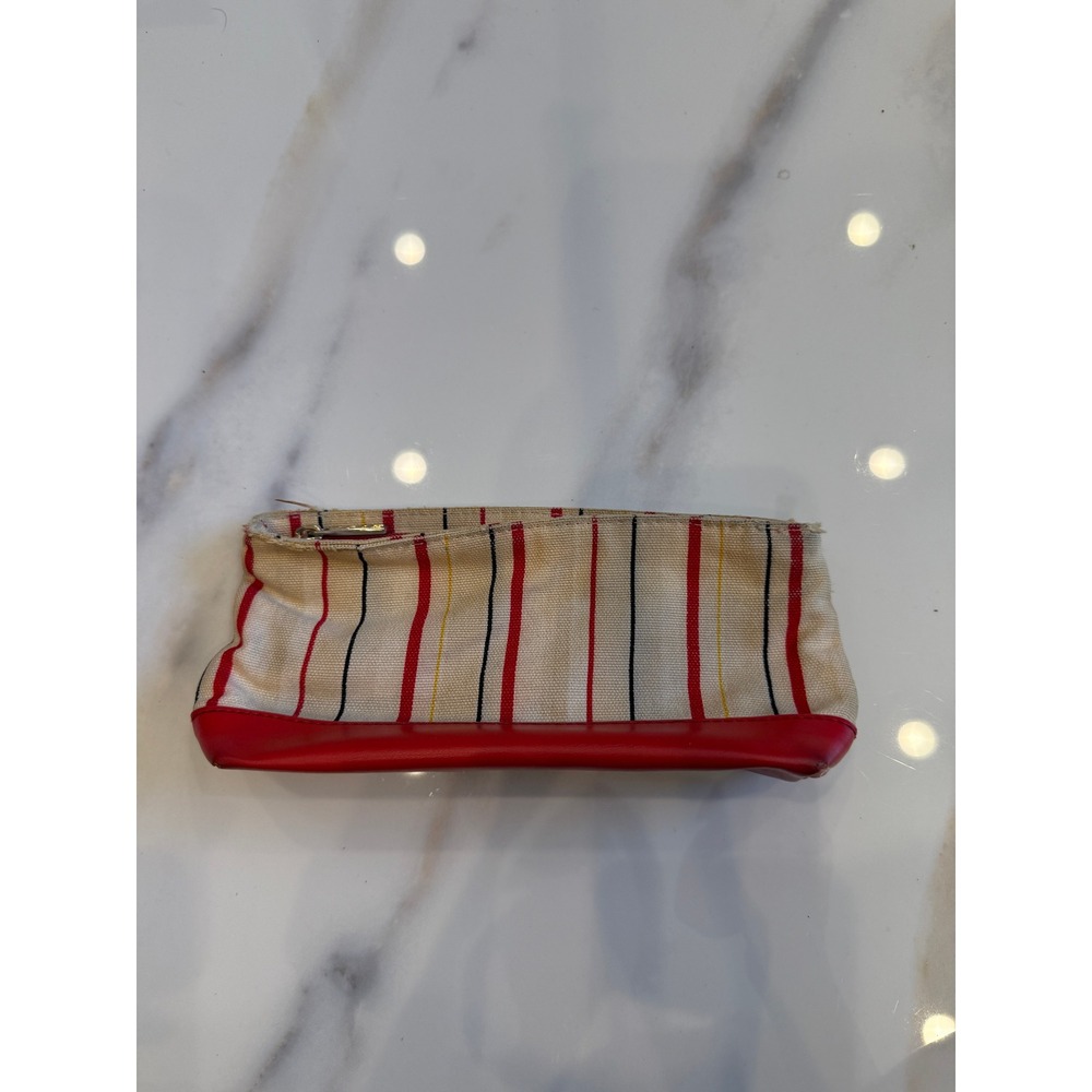 Elizabeth Arden Striped Canvas Cosmetic Bag Red Cream Makeup Pouch - Picture 2 of 5